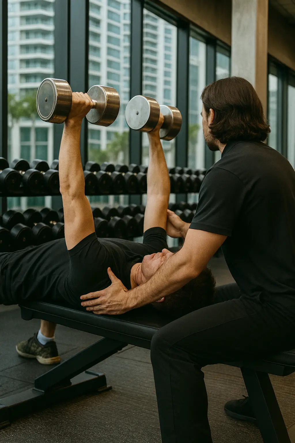 Miami personal trainer spotting client during dumbbell chest press at Brickell high-rise gym