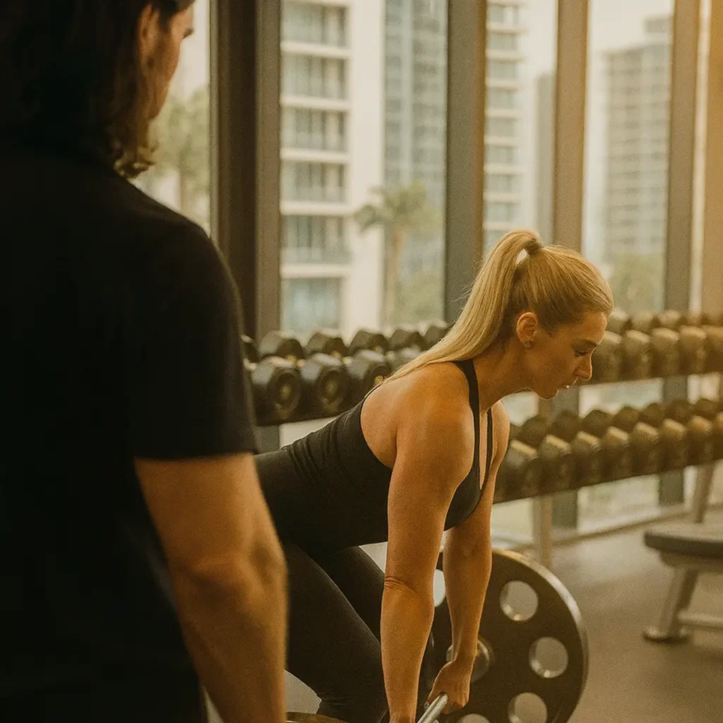 Female personal training client performing deadlifts with Miami fitness coach at Brickell gym