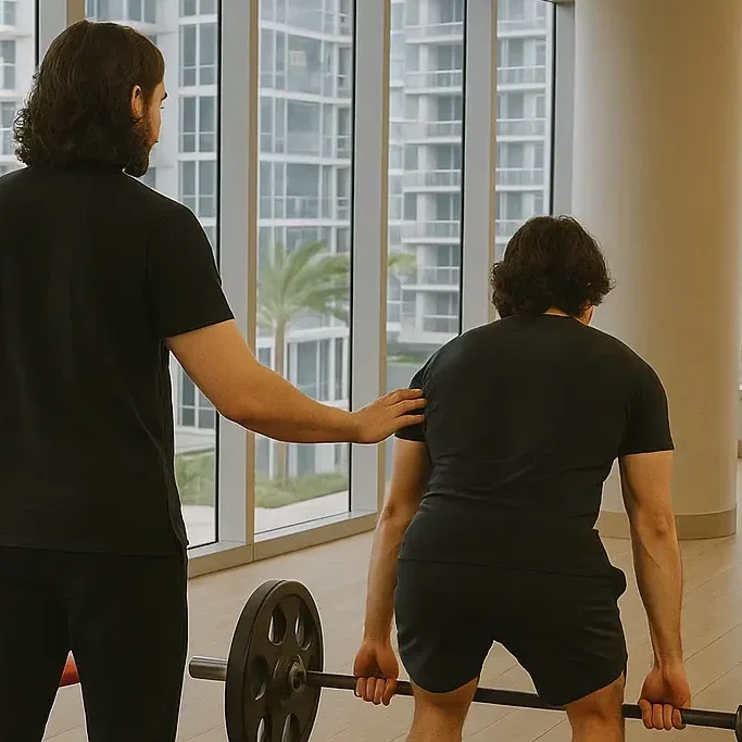 Brickell personal trainer providing in-home training session at luxury Miami condo gym with skyline views