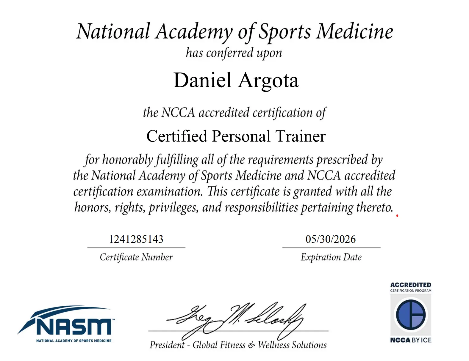 National Academy Of Sports Medicine for Miami Personal Trainer Daniel Argota