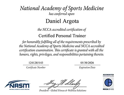 NASM Certified Personal Trainer certification for Daniel Argota Miami fitness professional NCCA accredited